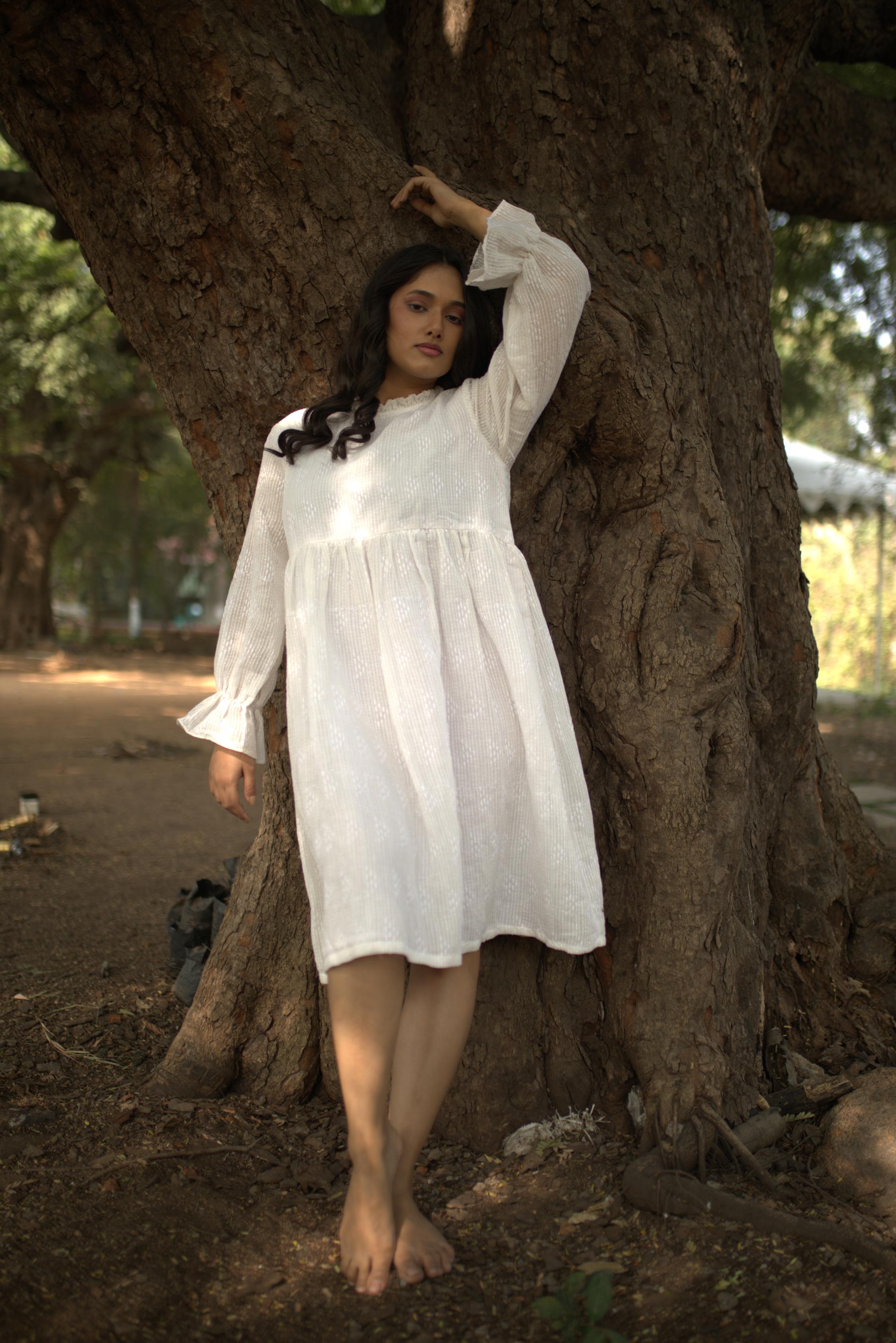 Summer Twirl - White Linen Summer Dress With Self Embroidery