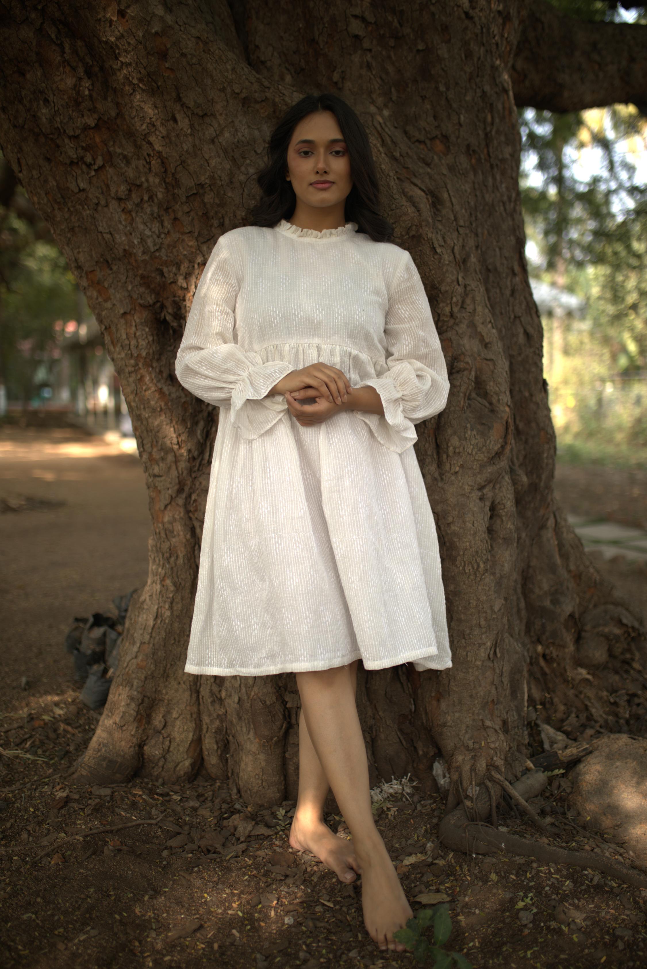 Summer Twirl - White Linen Summer Dress With Self Embroidery