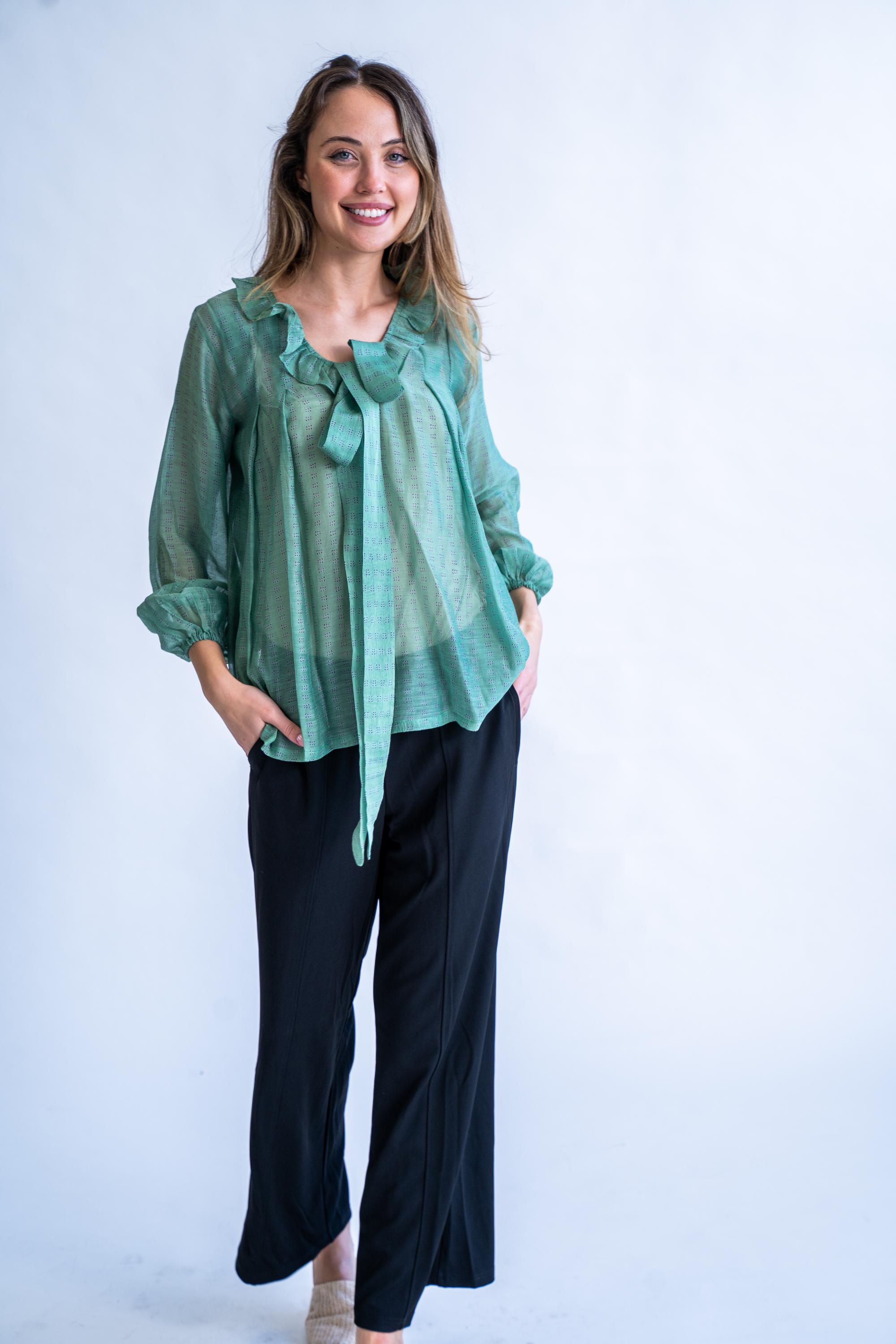 Verdant Ties - Blend of 100% Hand-Loom Cotton and Silk (Chanderi) Top