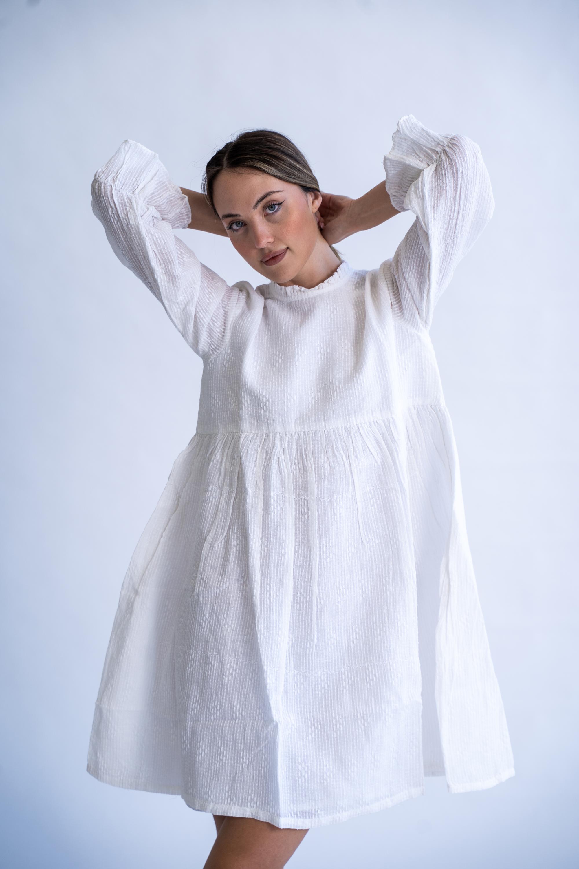Summer Twirl - White Linen Summer Dress With Self Embroidery