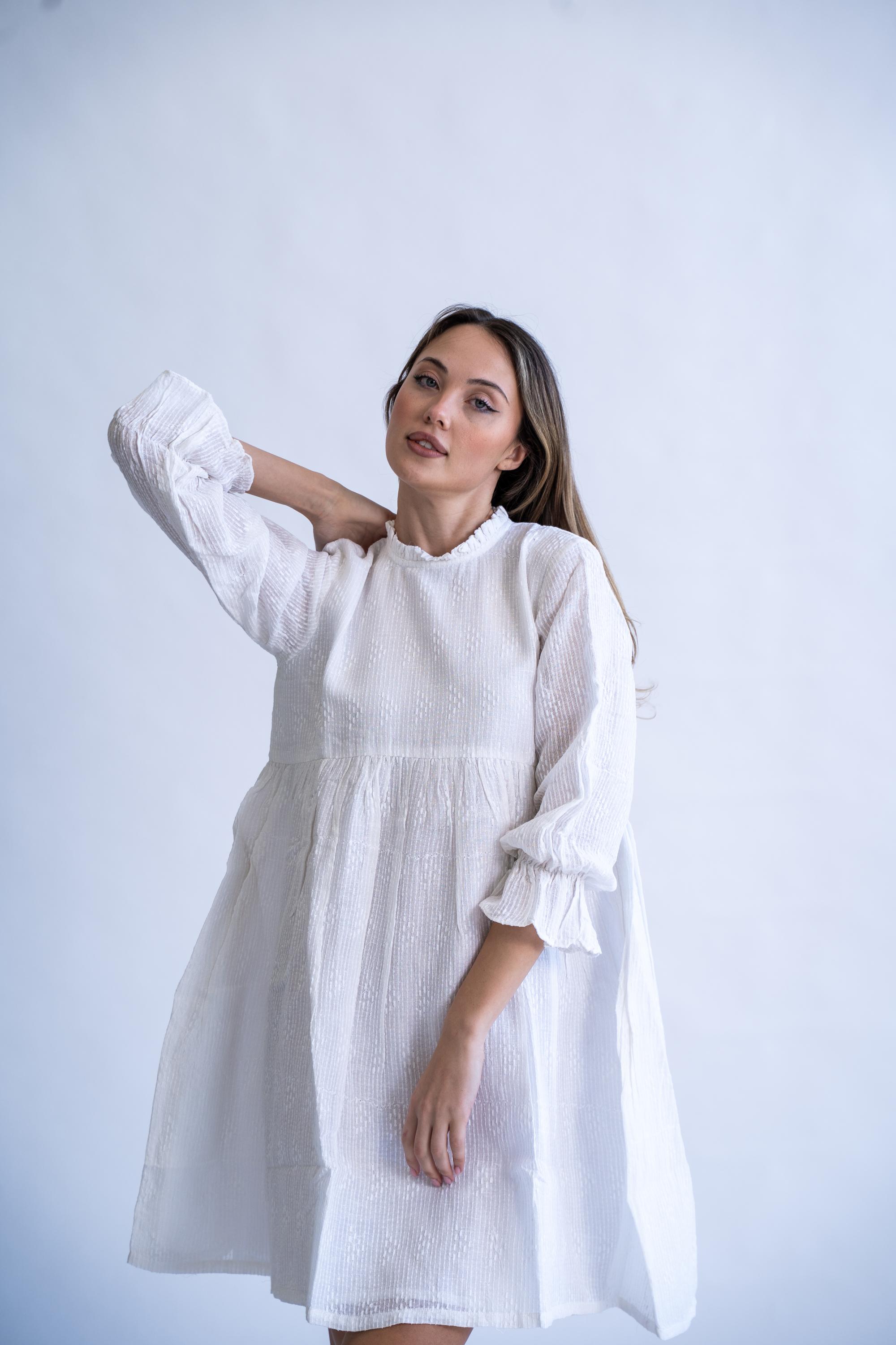 Summer Twirl - White Linen Summer Dress With Self Embroidery