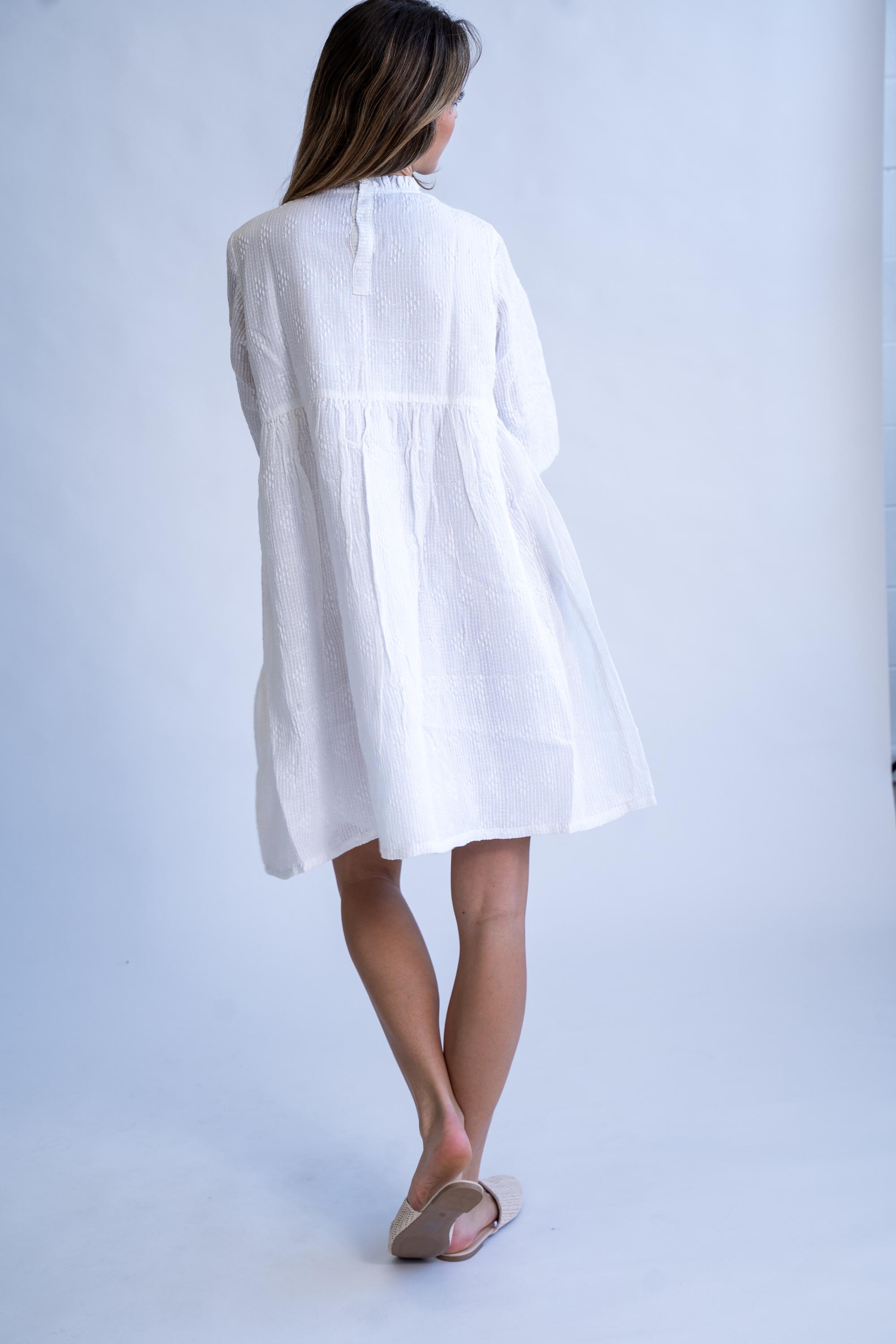 Summer Twirl - White Linen Summer Dress With Self Embroidery